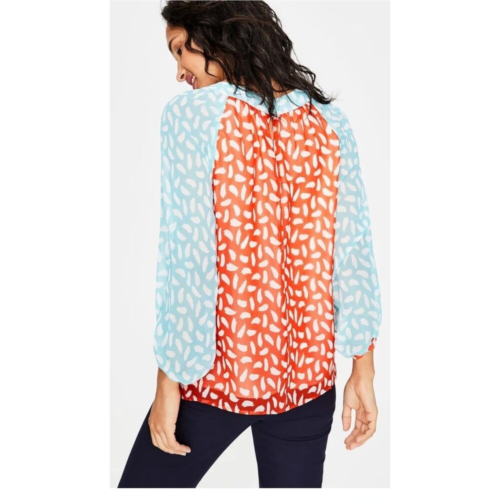 Boden Sylvie Blouse Size 6 Orange Blue Geometric Print 3/4 Sleeve Sheer Career